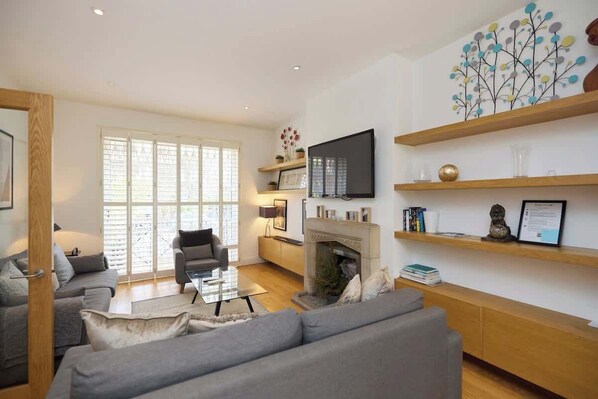 TV, fireplace, books