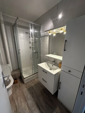 Hair dryer, soap, shampoo, toilet paper