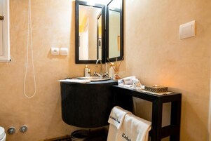 Baño con lavamanos, espejo, toallero y cabezal de ducha.