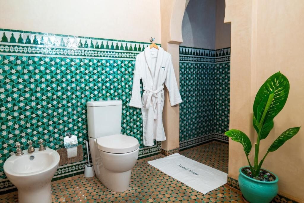A bathroom with a toilet, bidet, and sink, featuring green and white star-patterned tiles and a potted plant.