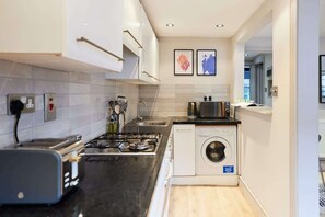 Fridge, microwave, electric kettle, toaster