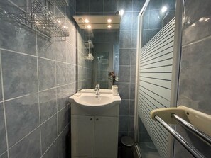 Ducha, secador de pelo, toallas y papel higiénico