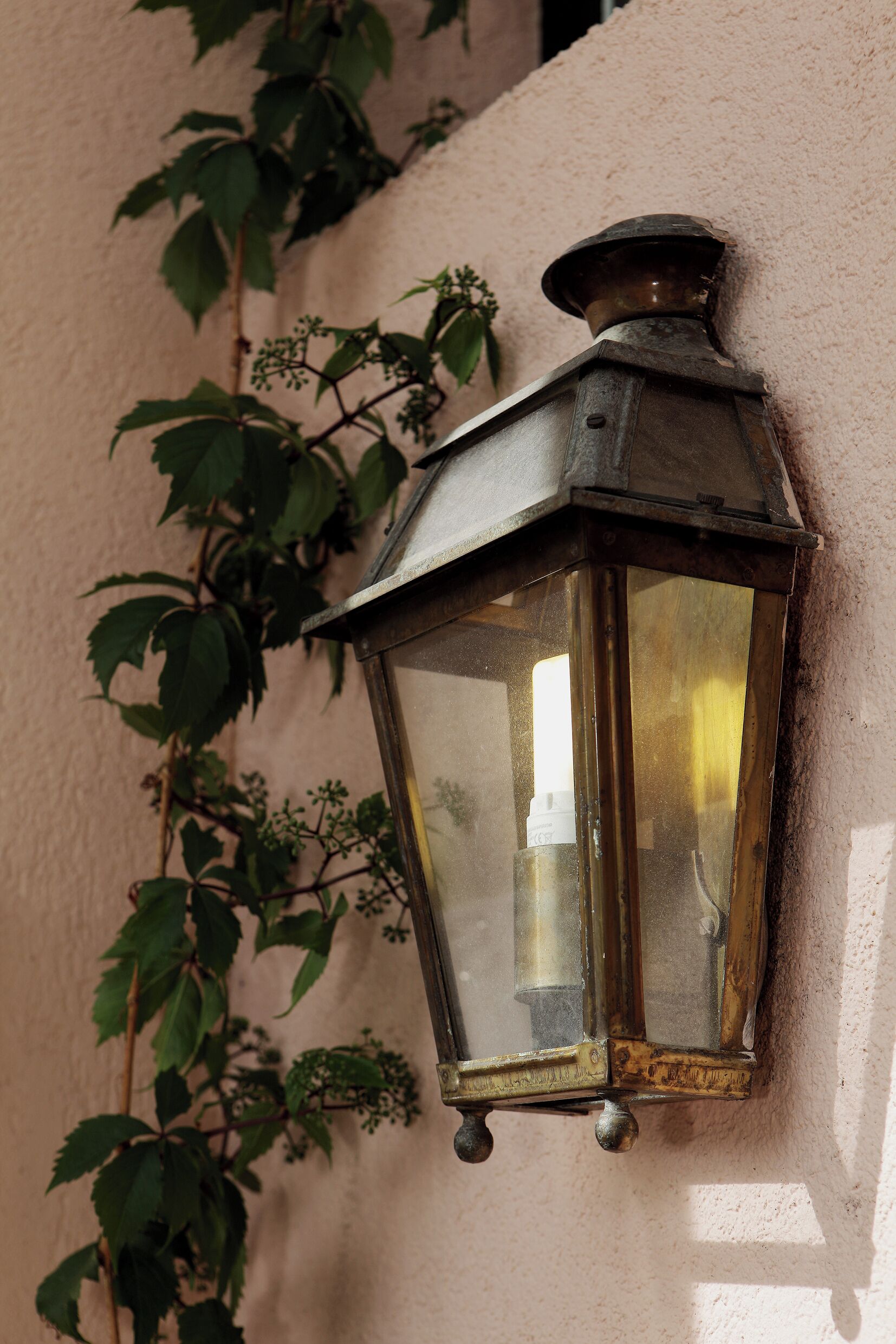 A wall-mounted lantern with a metal frame and glass panels, attached to a textured wall with green foliage.