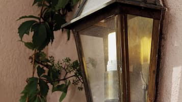 A wall-mounted lantern with a metal frame and glass panels, attached to a textured wall with green foliage.