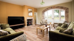 A living room with a fireplace, a television, and a large window.