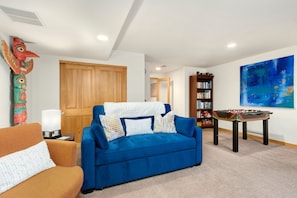 Smart TV, fireplace, table football, books