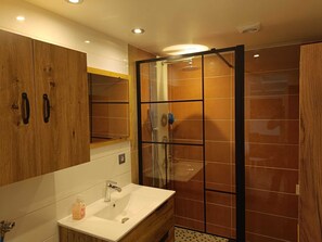 Dusche, Haartrockner, Handtücher, Seife