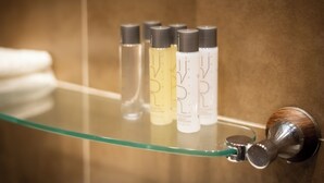 A bathroom shelf with toiletries. - The Mayflower at Austerfield (Doncaster)