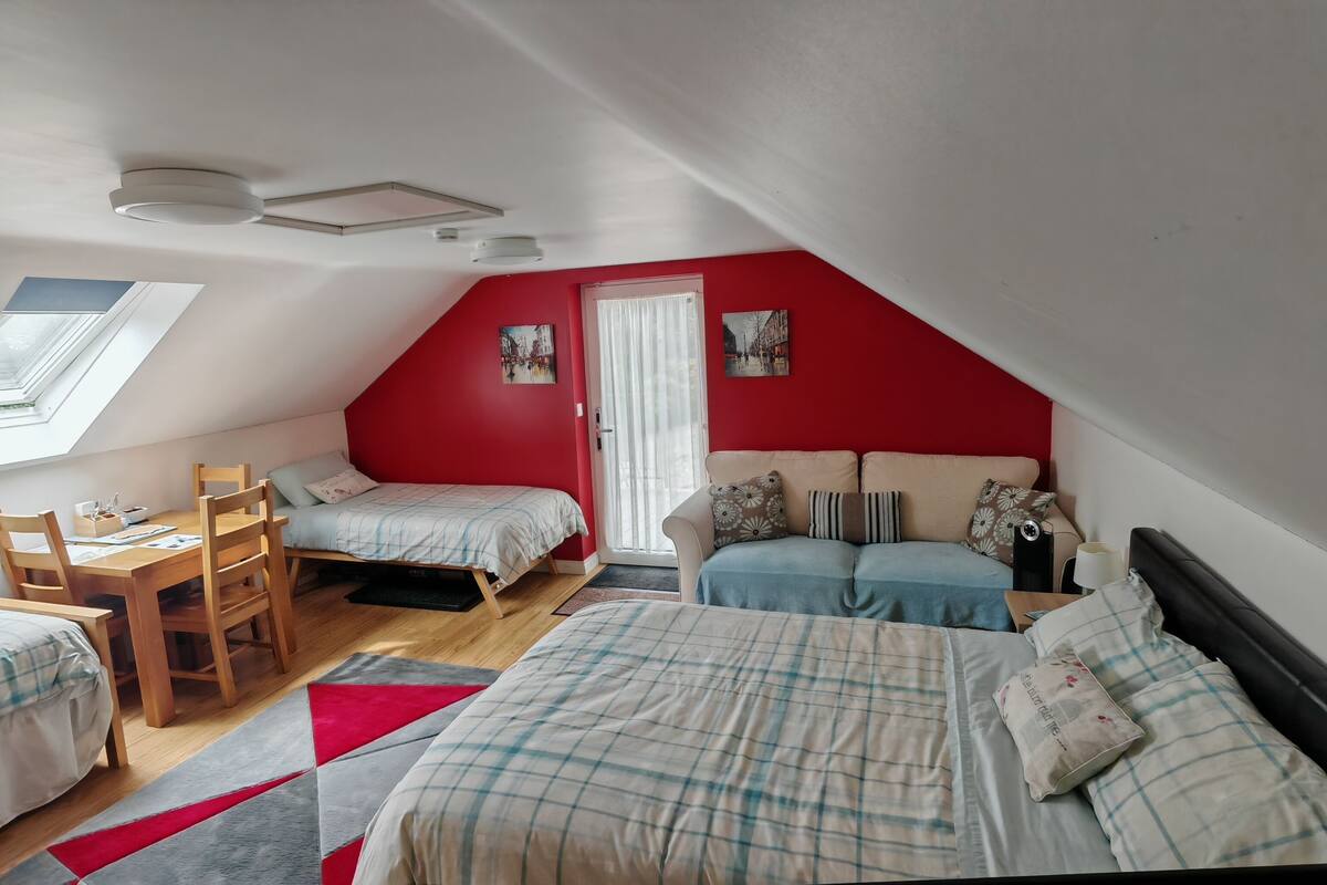 Une chambre de dortoir avec deux lits, un bureau et une chaise.