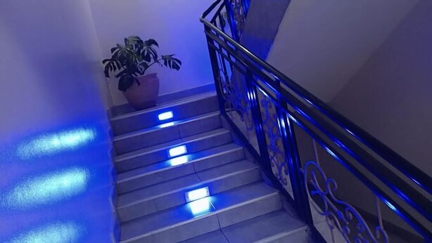 A staircase with blue lighting, a potted plant, and a sign indicating the first floor. - Silver Side Hotel (Nakuru)