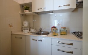 Kühlschrank, Mikrowelle, Herdplatte, Kochgeschirr/Geschirr/Besteck