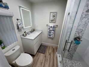 Shower, hair dryer, towels, soap