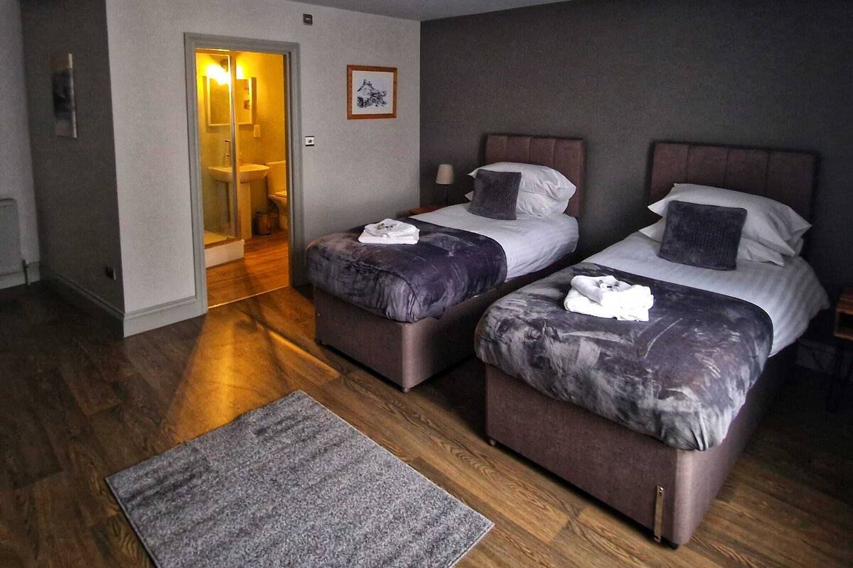 Habitación de hotel con dos camas, piso de madera, alfombra gris e iluminación en el techo.