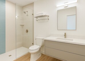 Een douche, een regendouche, een haardroger, handdoeken