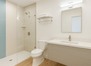 Een douche, een regendouche, een haardroger, handdoeken