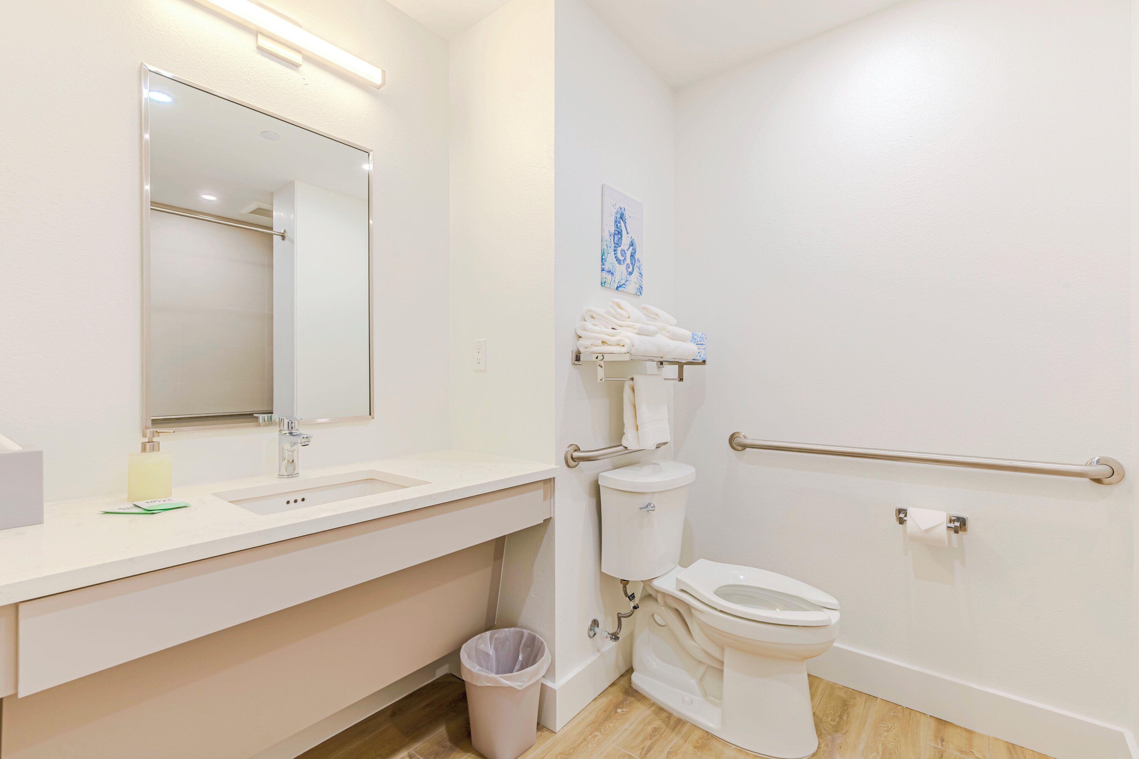Une salle de bain moderne avec un lavabo blanc, un miroir, des toilettes et une barre d'appui.