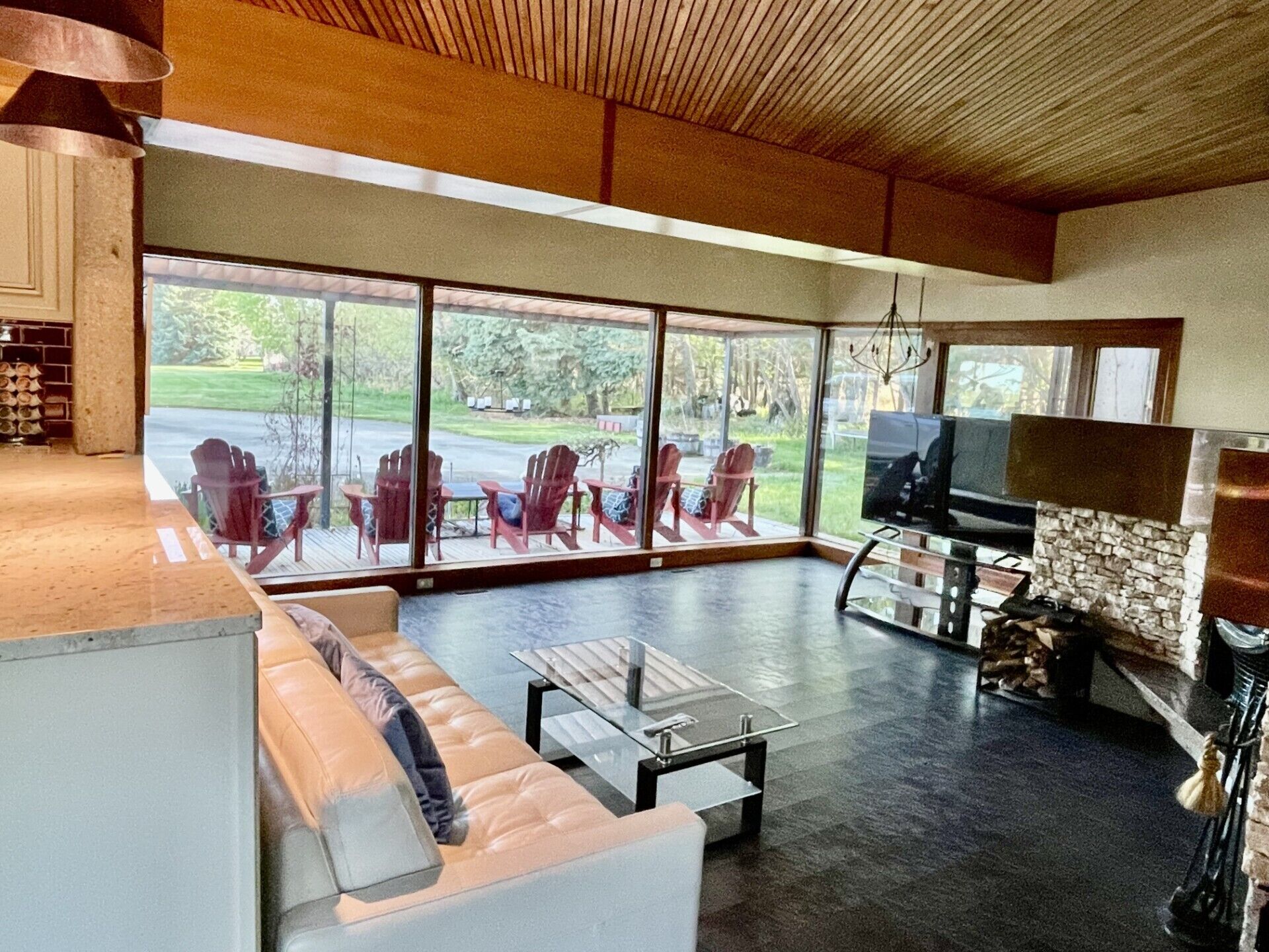 TV connectée, cheminée, livres