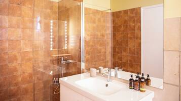 Douche, sèche-cheveux, serviettes fournies, savon