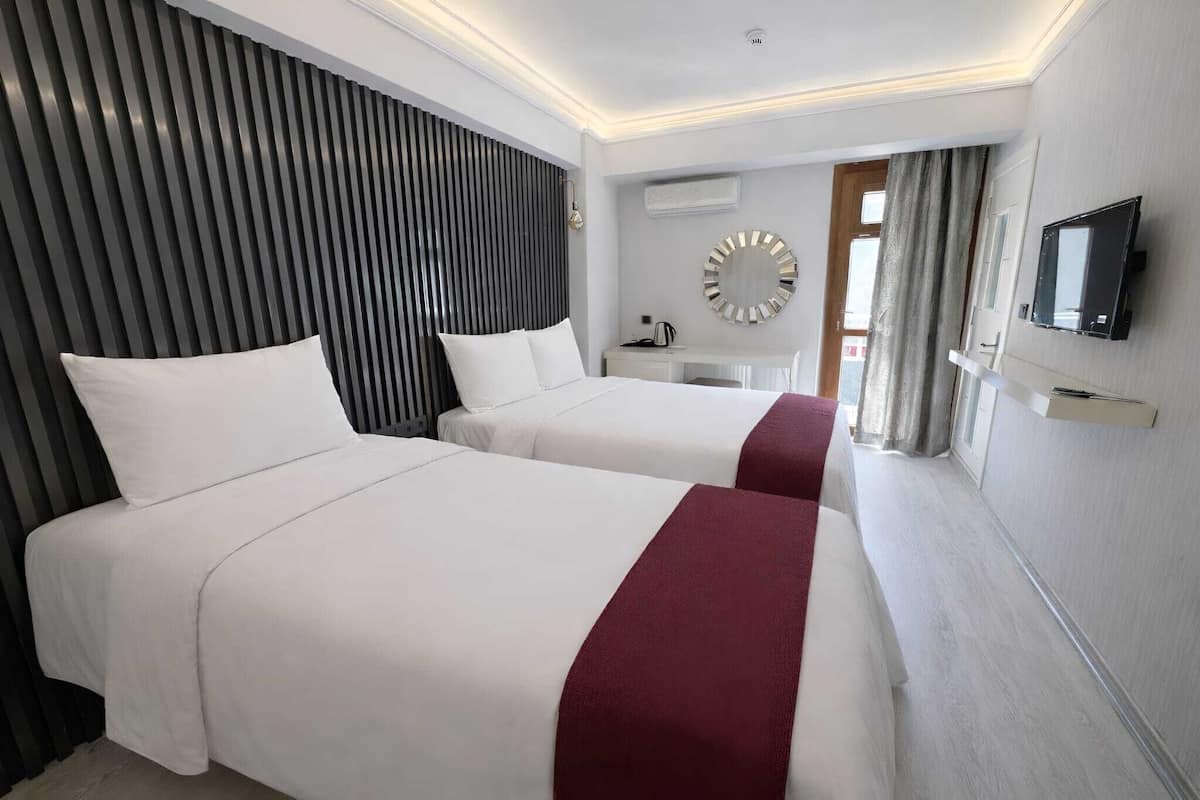 Una habitación de hotel con dos camas, televisión, espejo y ventana con cortinas.
