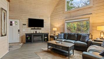 Smart TV, fireplace, foosball