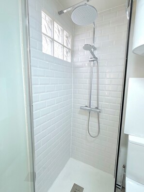 Shower, bidet, towels, toilet paper