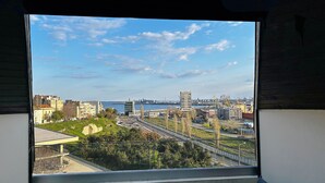 Une vue sur une ville, avec un pont, des bâtiments industriels et une rivière en arrière-plan.