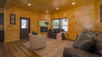 Smart TV, fireplace, foosball