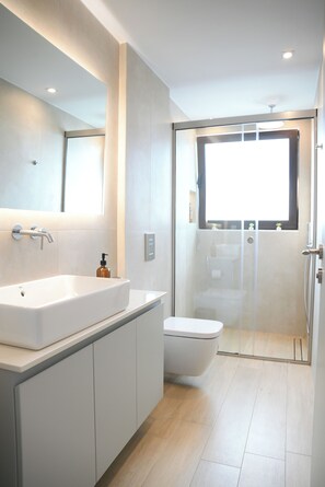 Dusche, Haartrockner, Handtücher, Seife