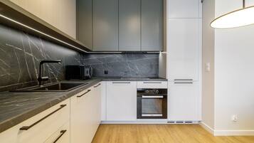 Deluxe Apartment, 1 Bedroom, Kitchenette, City View | Private kitchenette | Full-size fridge, microwave, oven, stovetop