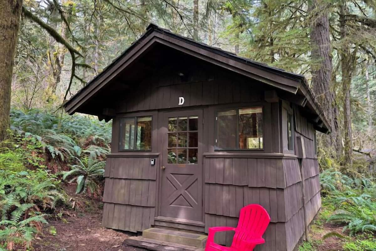 A small wooden cabin with a single door and windows, surrounded by dense forest.