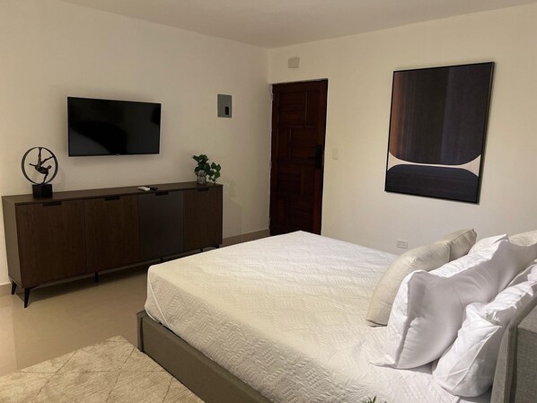 A bedroom with a bed, a dresser, a TV, and a door. - Studio in Gazcue: from Colonial Zone & Incipler (Santo Domingo)
