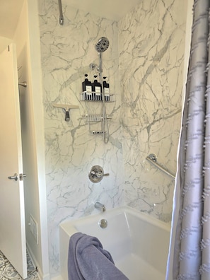 Hair dryer, towels, soap, shampoo