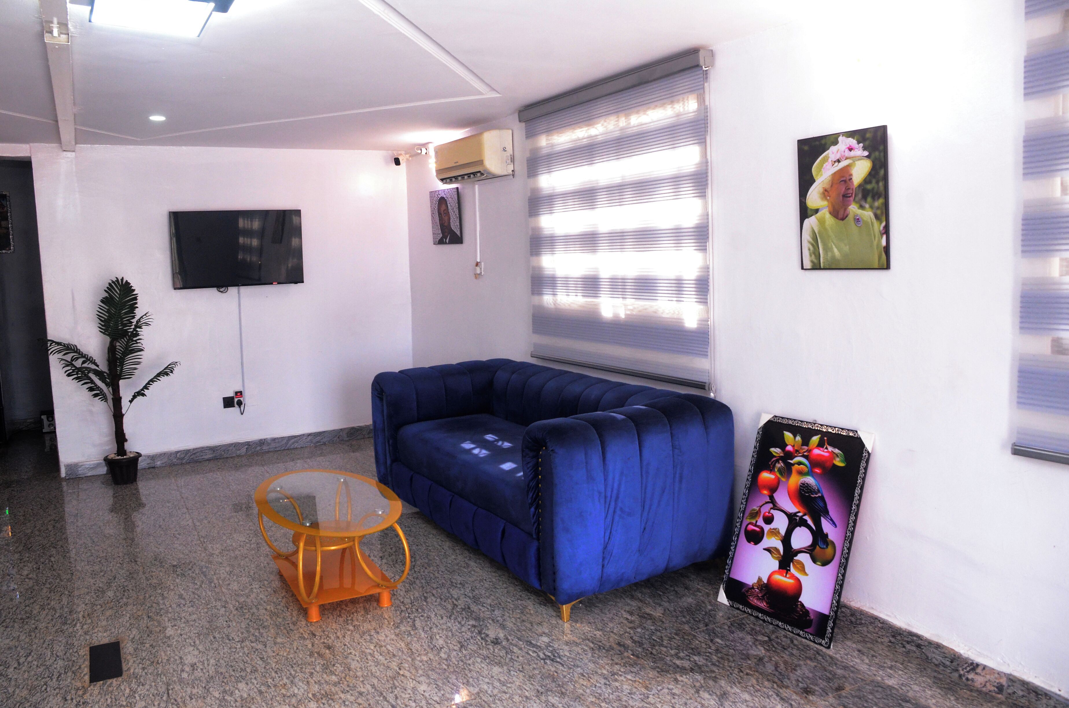 A room with a blue sofa, a glass coffee table, a potted plant, a TV mounted on the wall, and a painting on the wall.