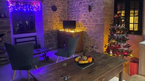 A cozy room with a stone wall, a wooden table with fruit, a Christmas tree, and a TV on a wooden cabinet. - 16th century thatched house, relaxation area for adults and children (Saint-Augustin)