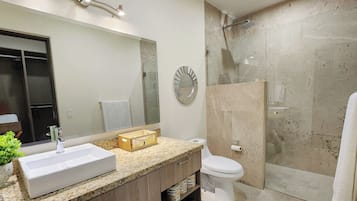 Shower, towels, soap, toilet paper