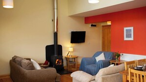 A living room with a wood-burning stove, two sofas, a TV, and a red accent wall. - Robin's Perch Eco Lodge Apartment, Lampeter (Lampeter)