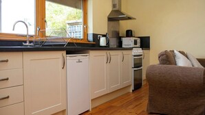 A compact kitchen with a dishwasher, a microwave, a stove, and a window with a view of greenery. - Robin's Perch Eco Lodge Apartment, Lampeter (Lampeter)