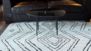 Un canapé en cuir noir, un tableau représentant un oiseau encadré, deux lampadaires et un tapis à motifs dans un salon.
