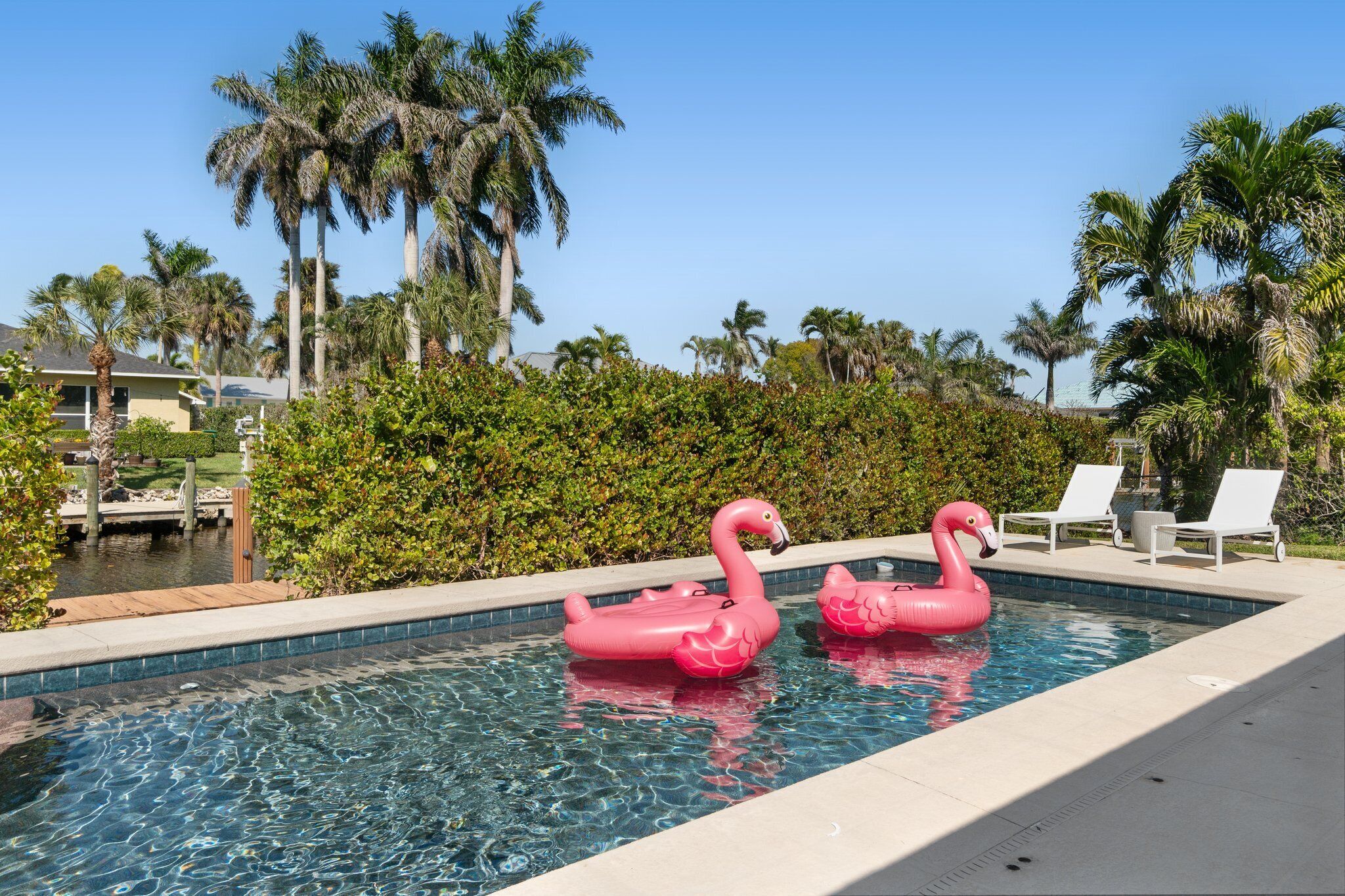 A swimming pool with two pink flamingo floats, surrounded by palm trees and a wooden dock.