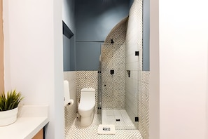 Hair dryer, towels, soap, shampoo