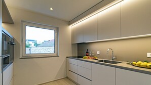 Eine moderne Küche mit Fenster, integriertem Backofen und Spüle mit Zitronen auf der Arbeitsfläche.