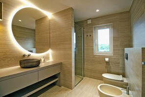 Shower, hair dryer, bidet, towels