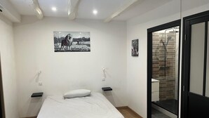 A bedroom with a bed, a nightstand, a wall-mounted picture, and a shower area. - Apartment rental Limoges (Limoges)