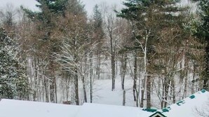 A two-story wooden cabin with a snow-covered roof and a covered deck. - Lake Cabin 8 acres private dock fire pit hot tub game room (Gouverneur)