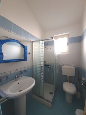 Shower, towels, toilet paper