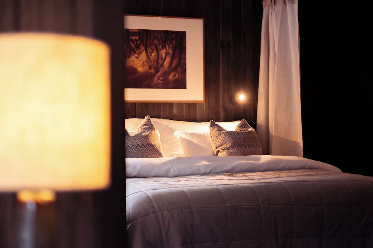 A neatly made bed with patterned pillows, a framed artwork above it, and a lamp in the foreground.