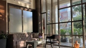 Una sala de estar moderna con un ventanal grande, un sofá, una mesita de centro y una maceta decorativa.
