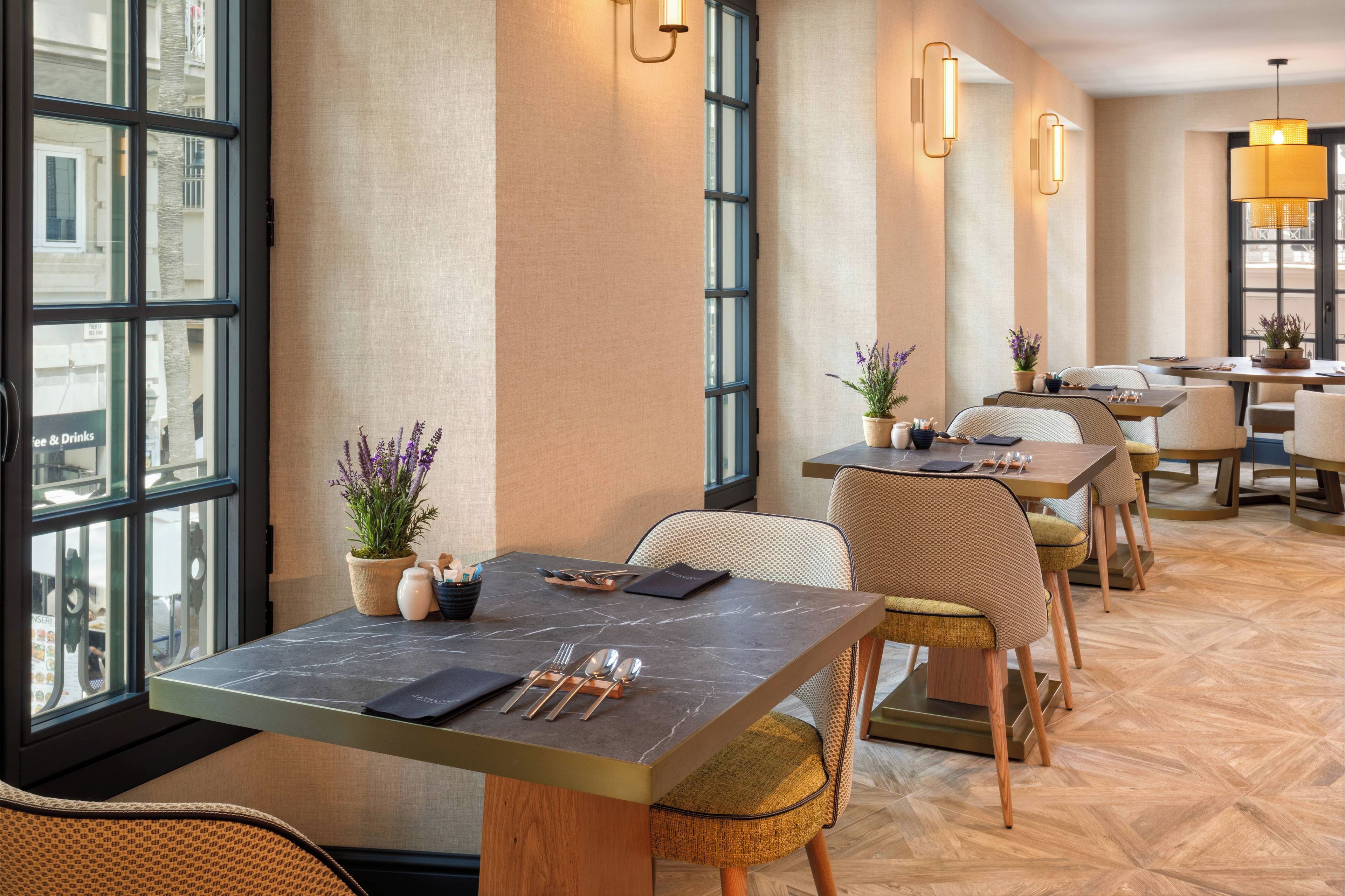 L’intérieur d’un restaurant, avec des tables, des chaises et des plantes en pot.