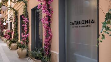 Entrada de hotel con fachada de vidrio, flores rosadas y plantas en macetas.