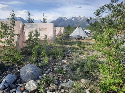 Tents at the  headwaters of the Kennicott River in marvelous McCarthy with WiFi